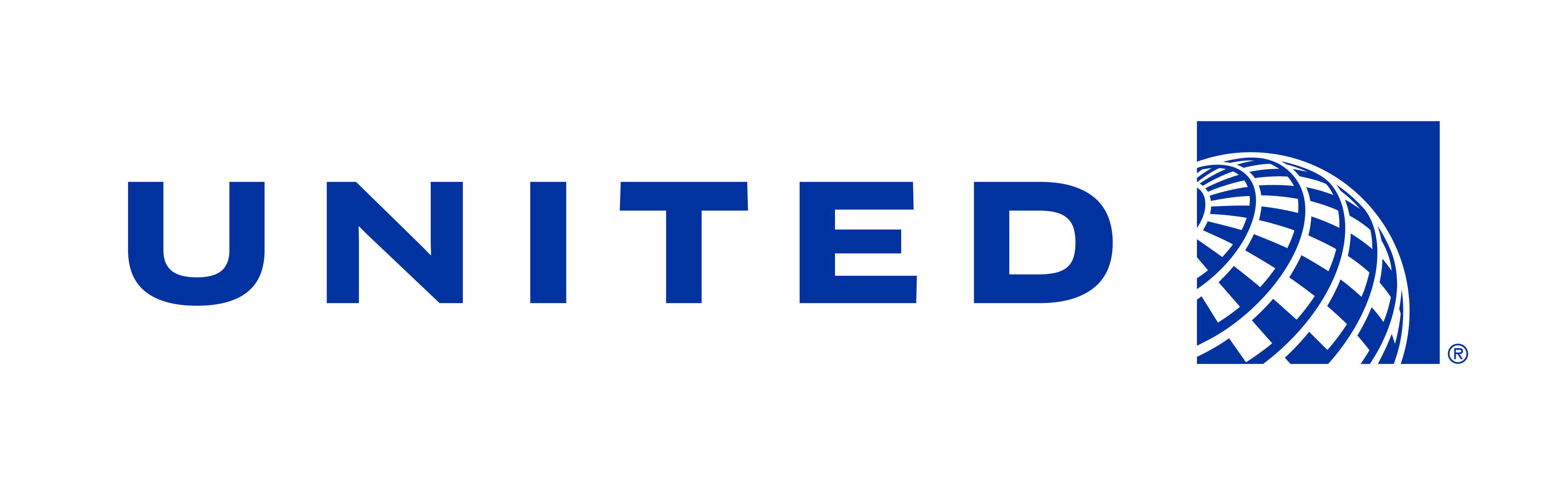 United Airlines with a white and purple checkerboard pattern