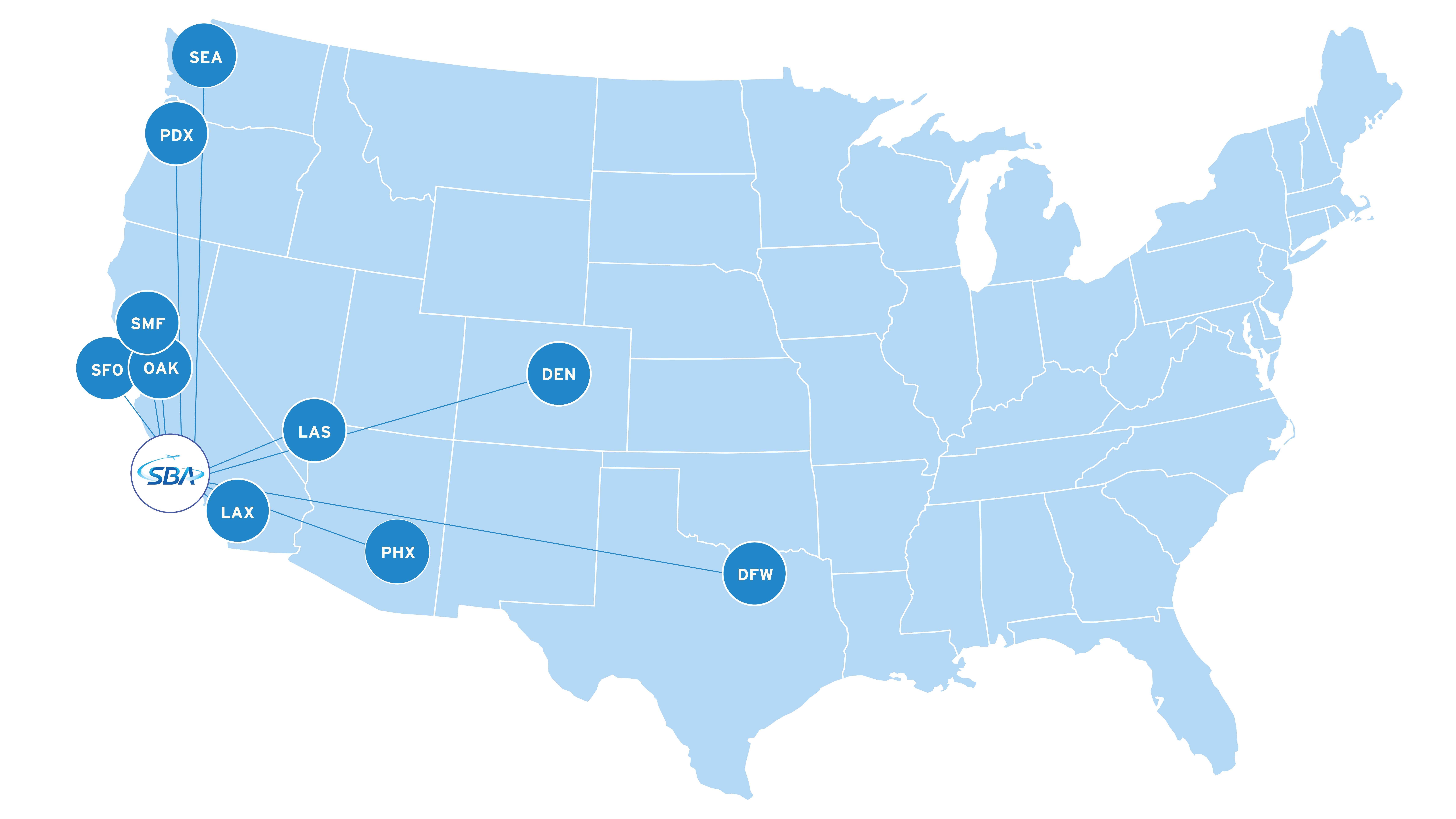 US Map with markers of SBA direct destinations