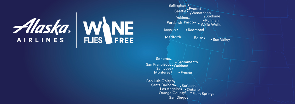 Map of U.S. West Coast highlighting 30 cities that are part of Wine Flies Free program 