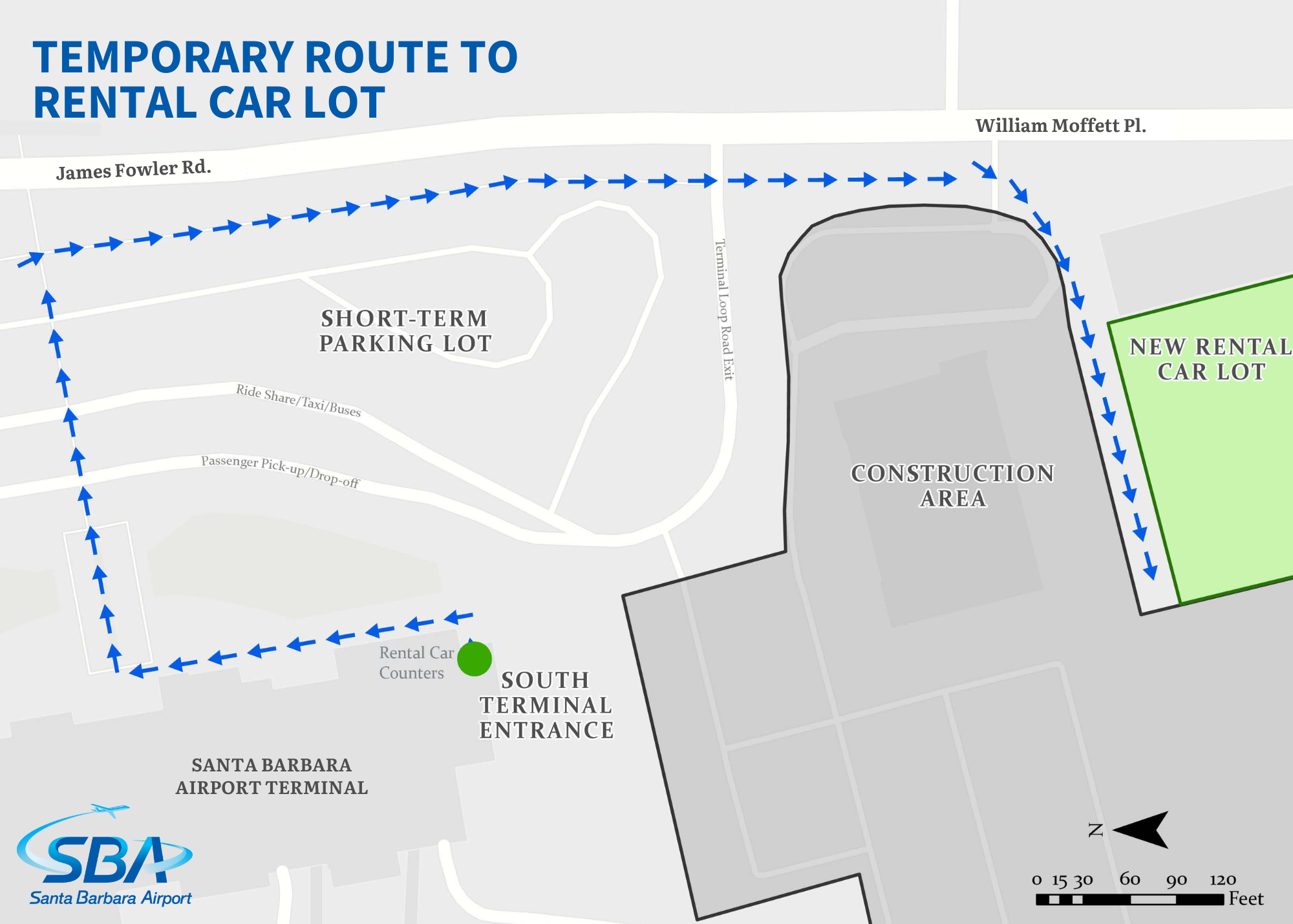 Map showing walking route leading out of the main entrance of the terminal, turning right on James Fowler, and right into the temporary rental car lot.