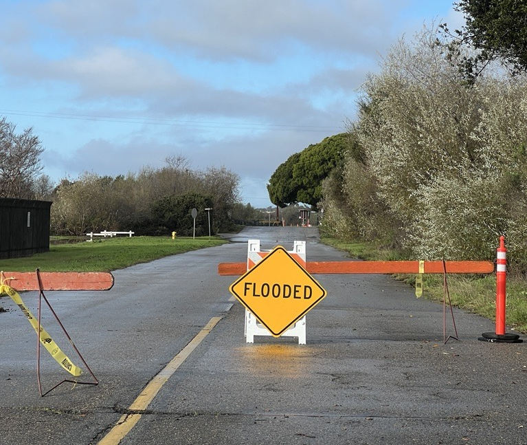Road with a barricades and a sign that says "flooded"