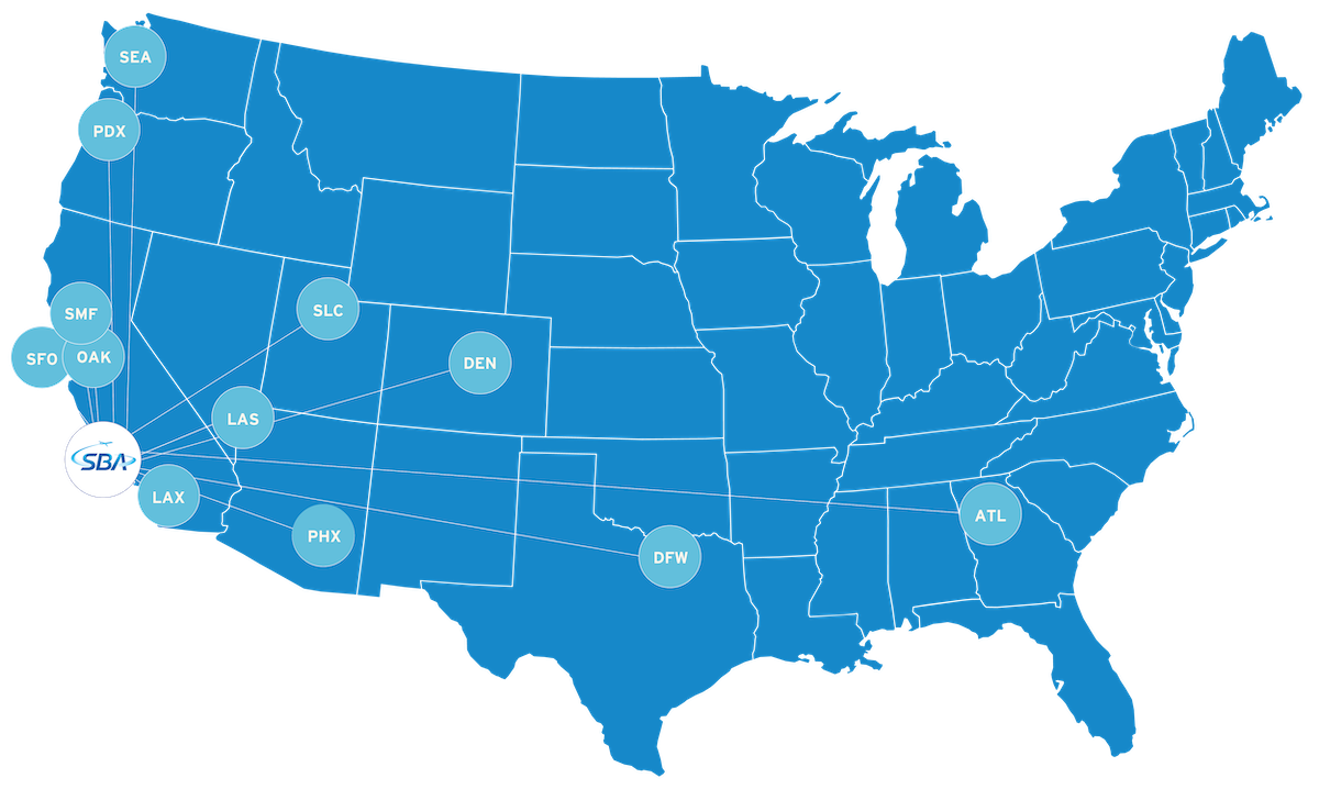 A map showing all 12 nonstop routes from SBA.