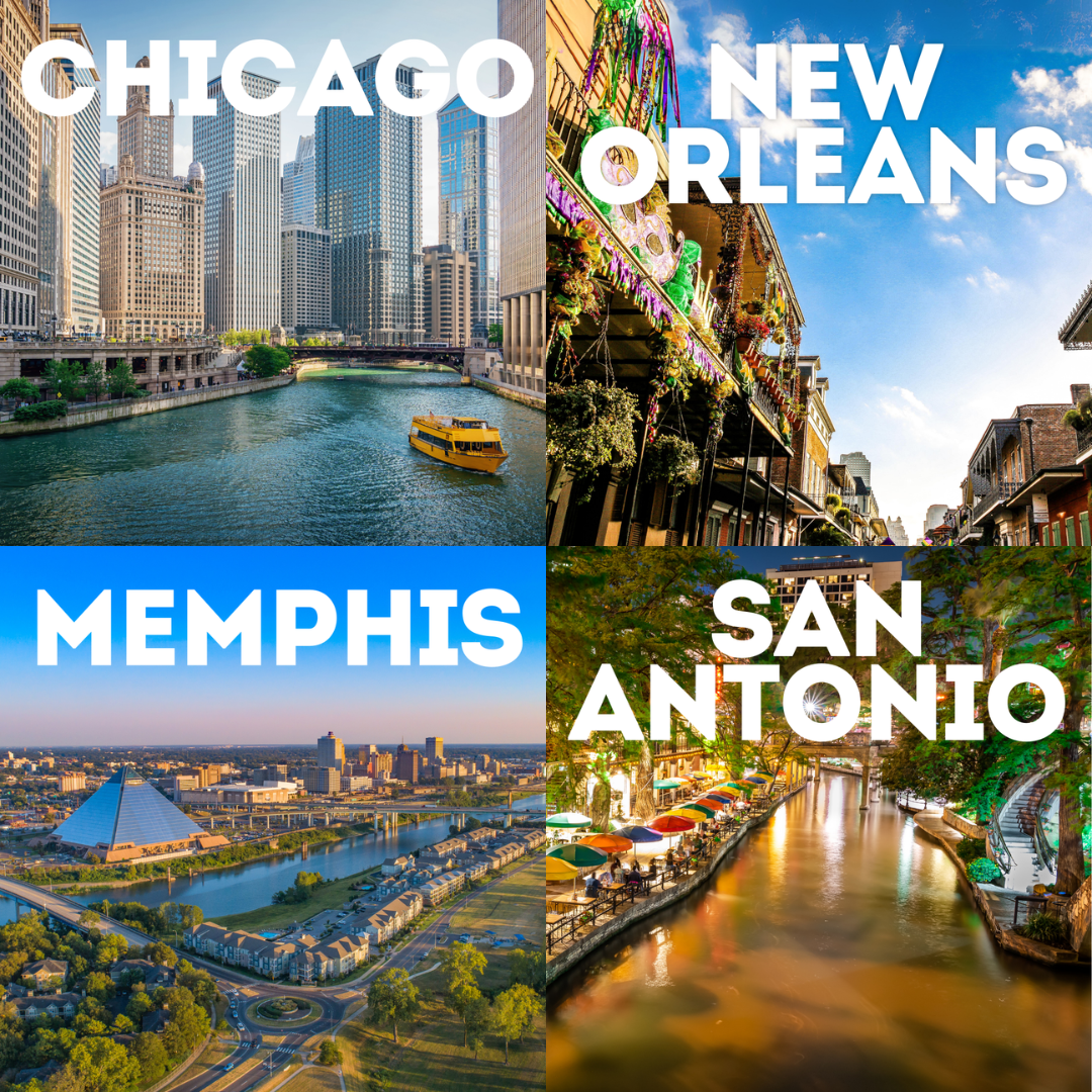 Four pictures collaged of Chicago, New Orleans, Memphis and San Antonio