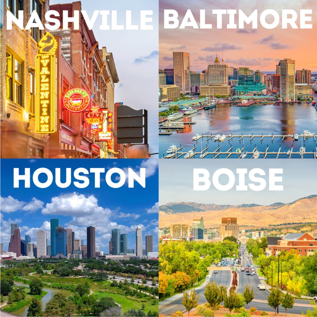 Four pictures collaged of Nashville, Baltimore, Houston, and Boise