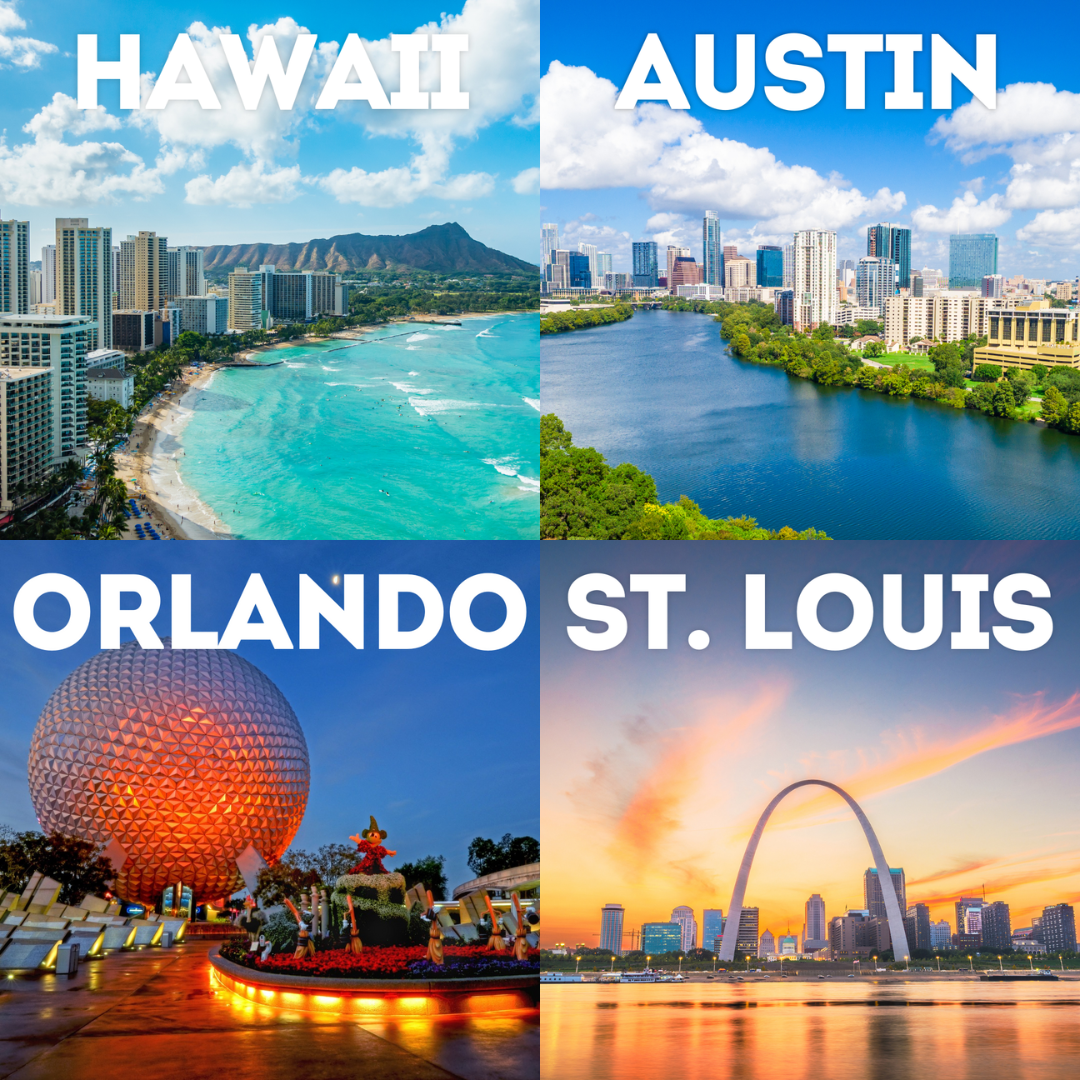 Four pictures collaged of Hawaii, Austin, Orlando and St. Louis