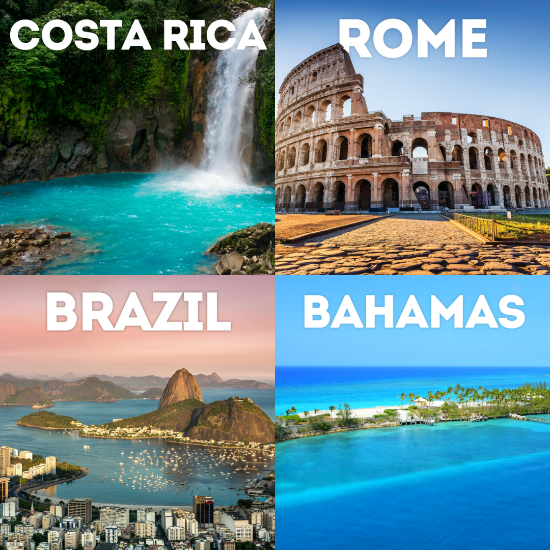 A grid of four photos shows images of Costa Rica, Rome, Brazil, and Bahamas