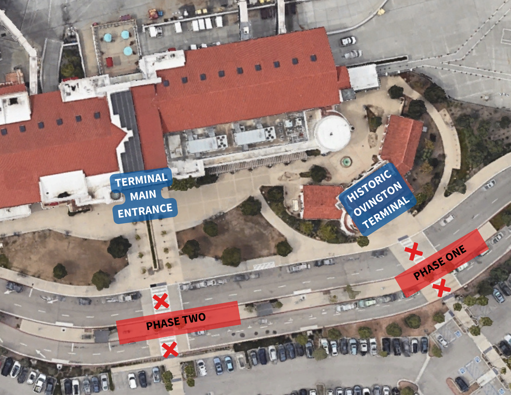 Aerial map of the terminal building designates locations of phase 1 and phase 2.