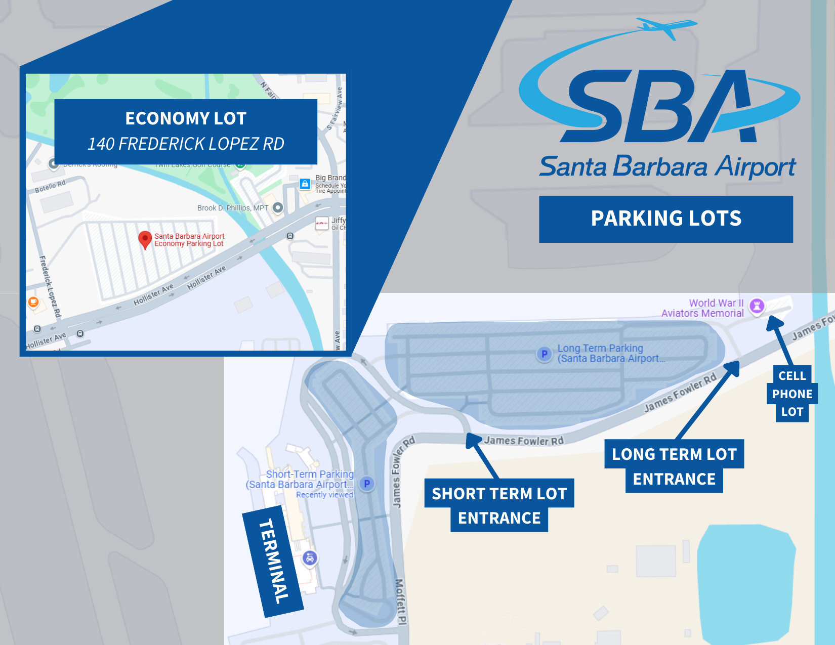 Map showing locations of all three parking lots.