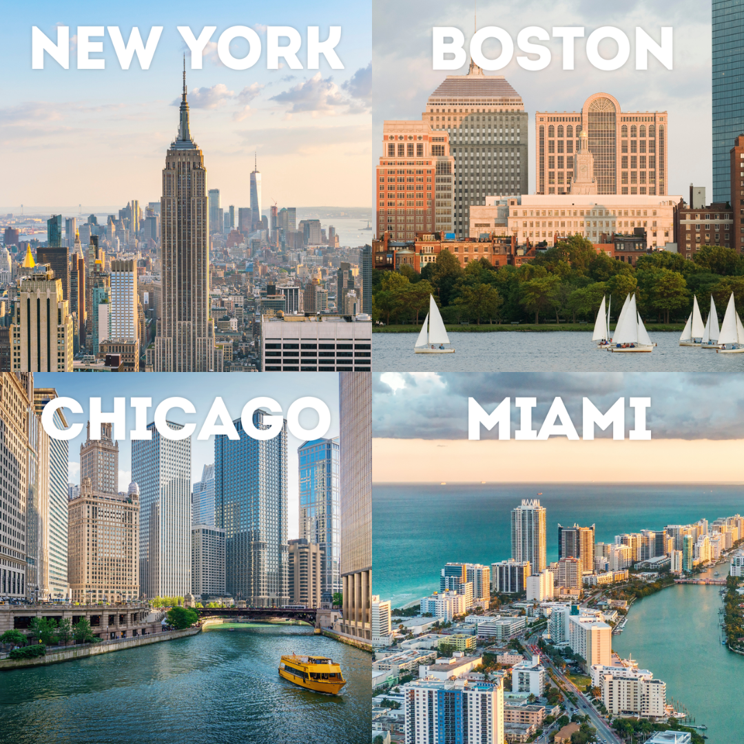 Collage of images of New York, Boston, Chicago, Miami