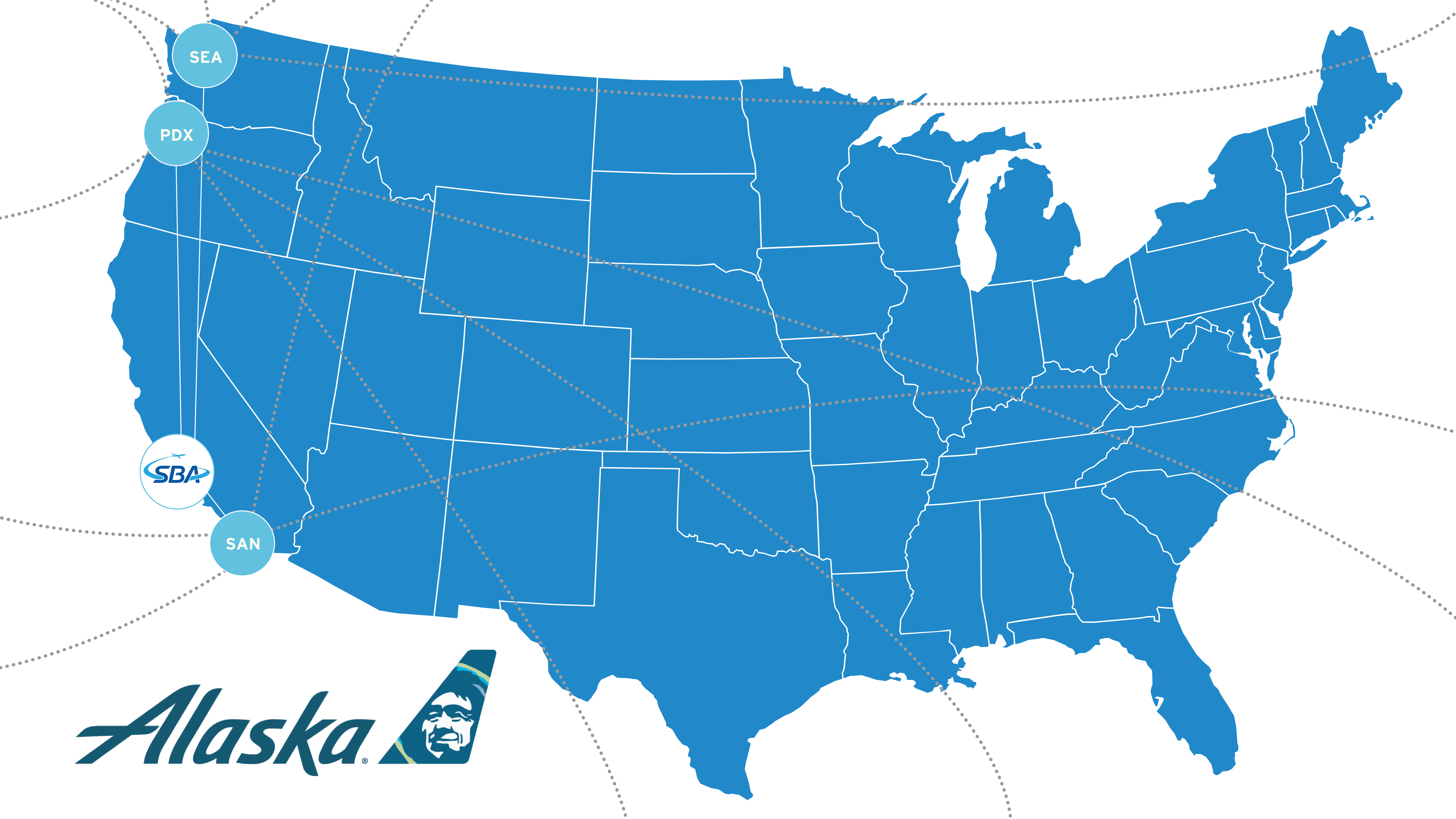 route map of alaska airlines nonstop flights to SEA, PDX, and SAN