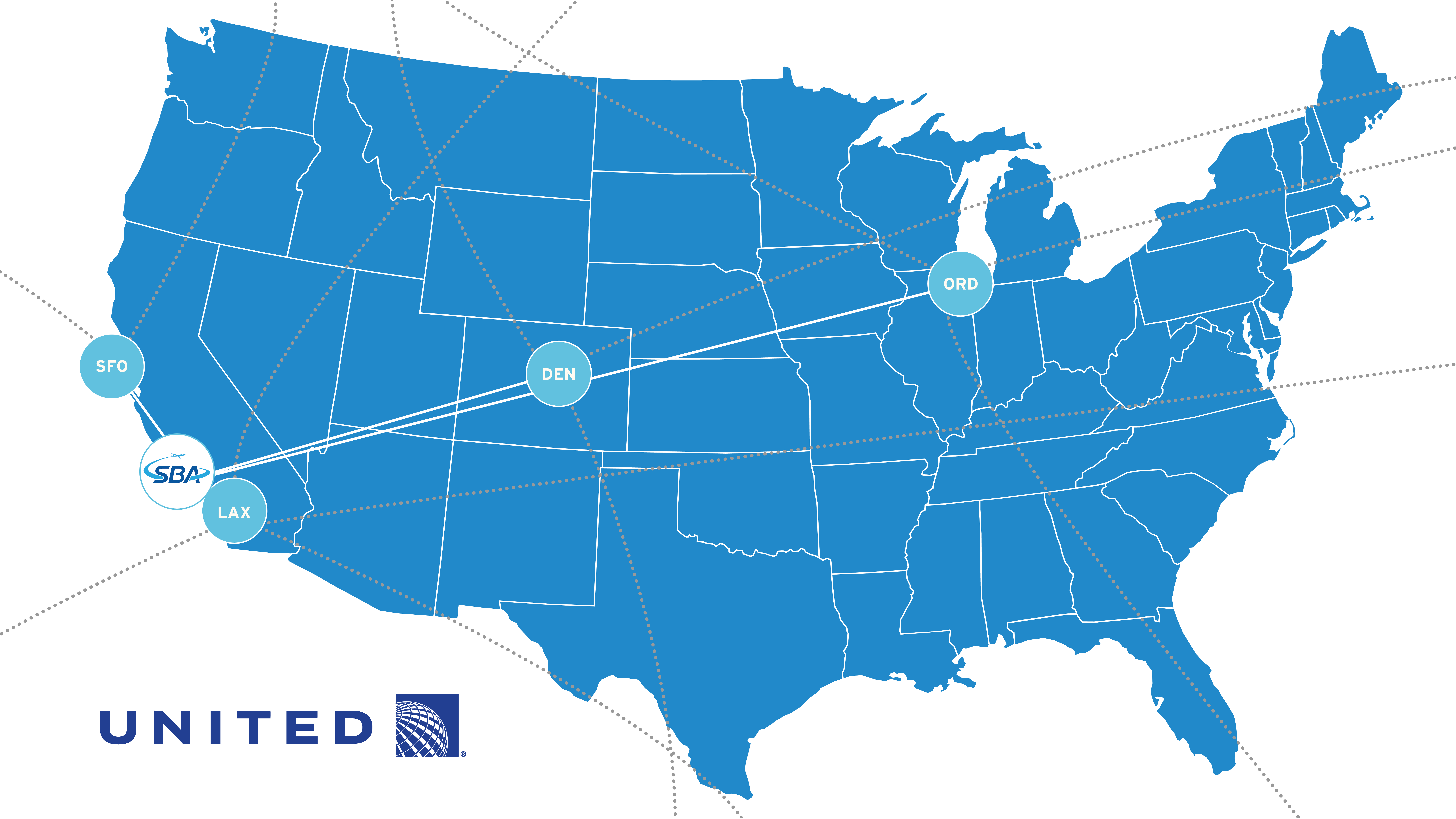 Map of U.S. showing united flights to SFO, LAX, DEN, and ORD