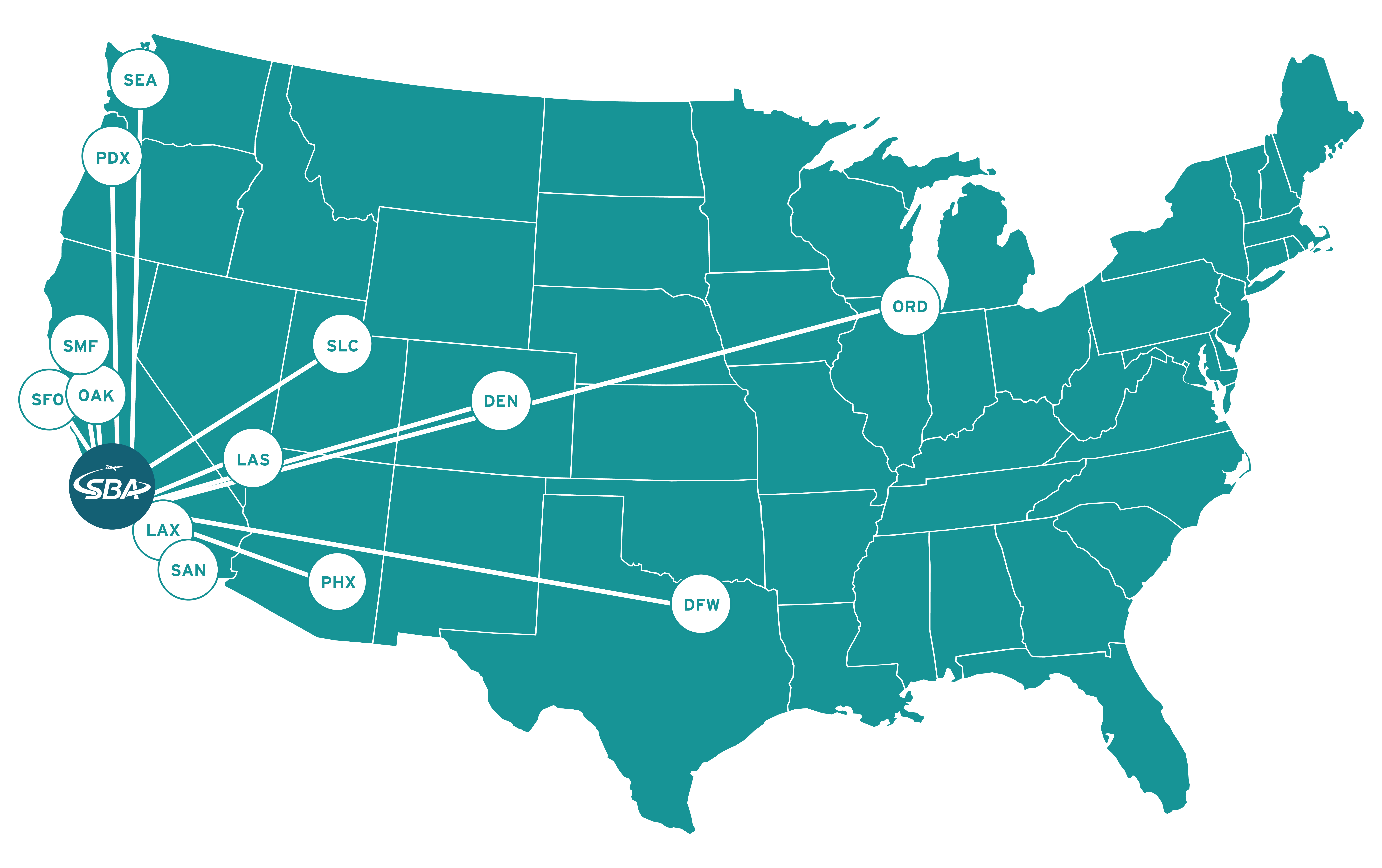Route map showing 13 destinations across the united states