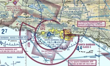 Diagram showing the Santa Barbara Municipal Airport with 3 runways from surface to 4000 feet