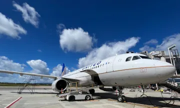 United Airlines plane parked at the SBA terminal