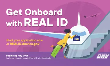 Digital illustration of a passenger boarding a plane with the phrase "Get Onboard with REAL ID"