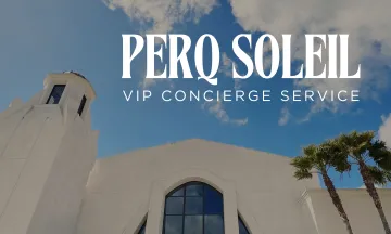 Front entrance of the SBA Terminal with "Perq Soleil" in text over