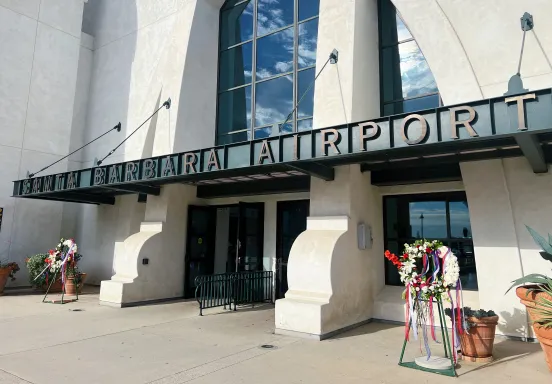 Two wreaths sit outside the SBA terminal entrance in honor of 9/11
