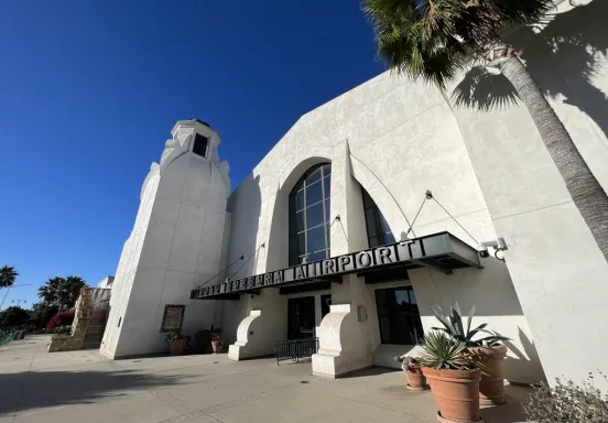 The outside entrance of SBA Terminal on a sunny day.