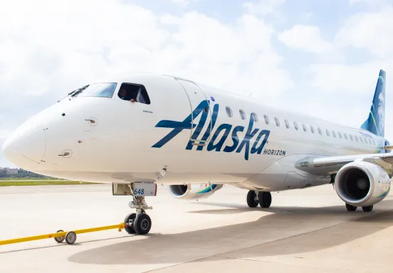 An Alaska Airlines plane sits on the SBA tarmac
