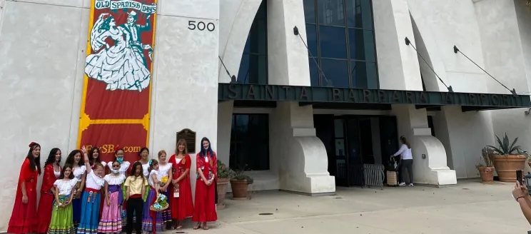 Fiesta Ninos at SBA in front of Fiesta Tower Banner