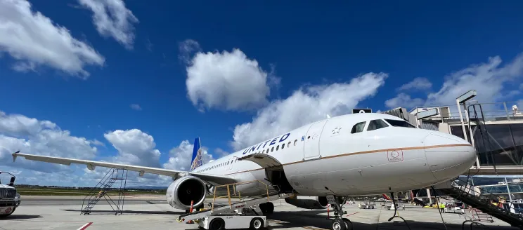 United Airlines plane parked at the SBA terminal