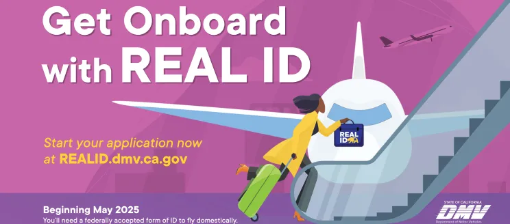 Digital illustration of a passenger boarding a plane with the phrase "Get Onboard with REAL ID"