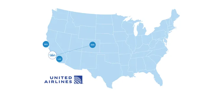 Map of United flights to SFO, LAX, DEN