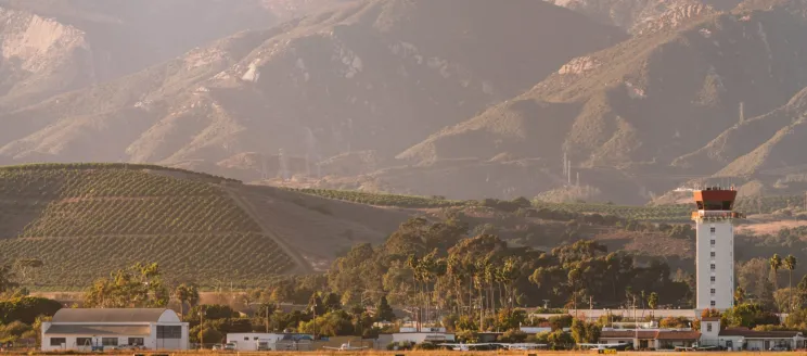 Landscape of Santa Barbara hills with air traffic control tower in foreground