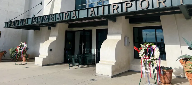 Two wreaths sit outside the SBA terminal entrance in honor of 9/11