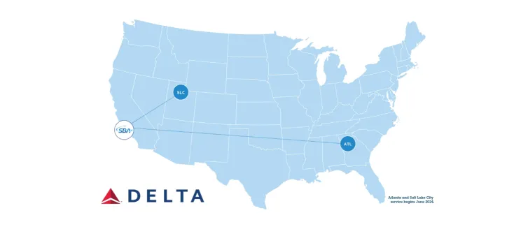 Map showing Delta's nonstop routes