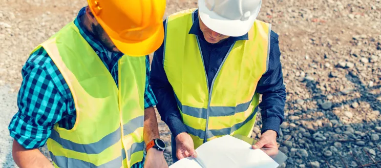 Two people in construction hats and gear reading a blueprint