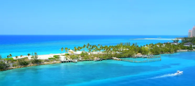 An aerial shot of an island in the Bahamas with crystal blue water and palm trees.