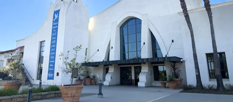 Holiday banner hanging outside terminal