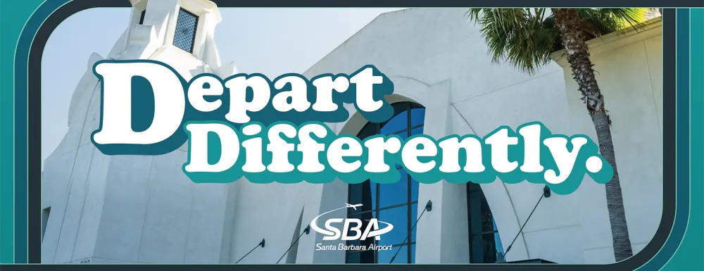 Front entrance of the terminal with text overlaying that says depart differently