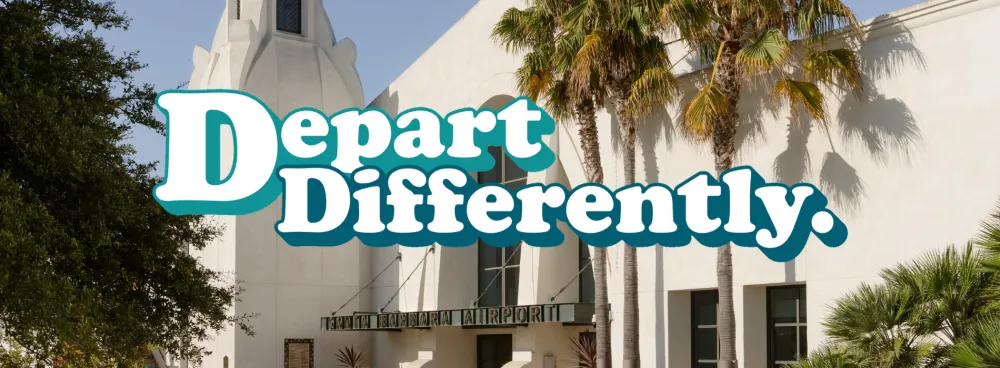 Front entrance of the terminal with text overlaying that says depart differently