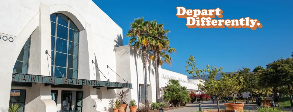 Front entrance of the terminal with text overlaying that says depart differently