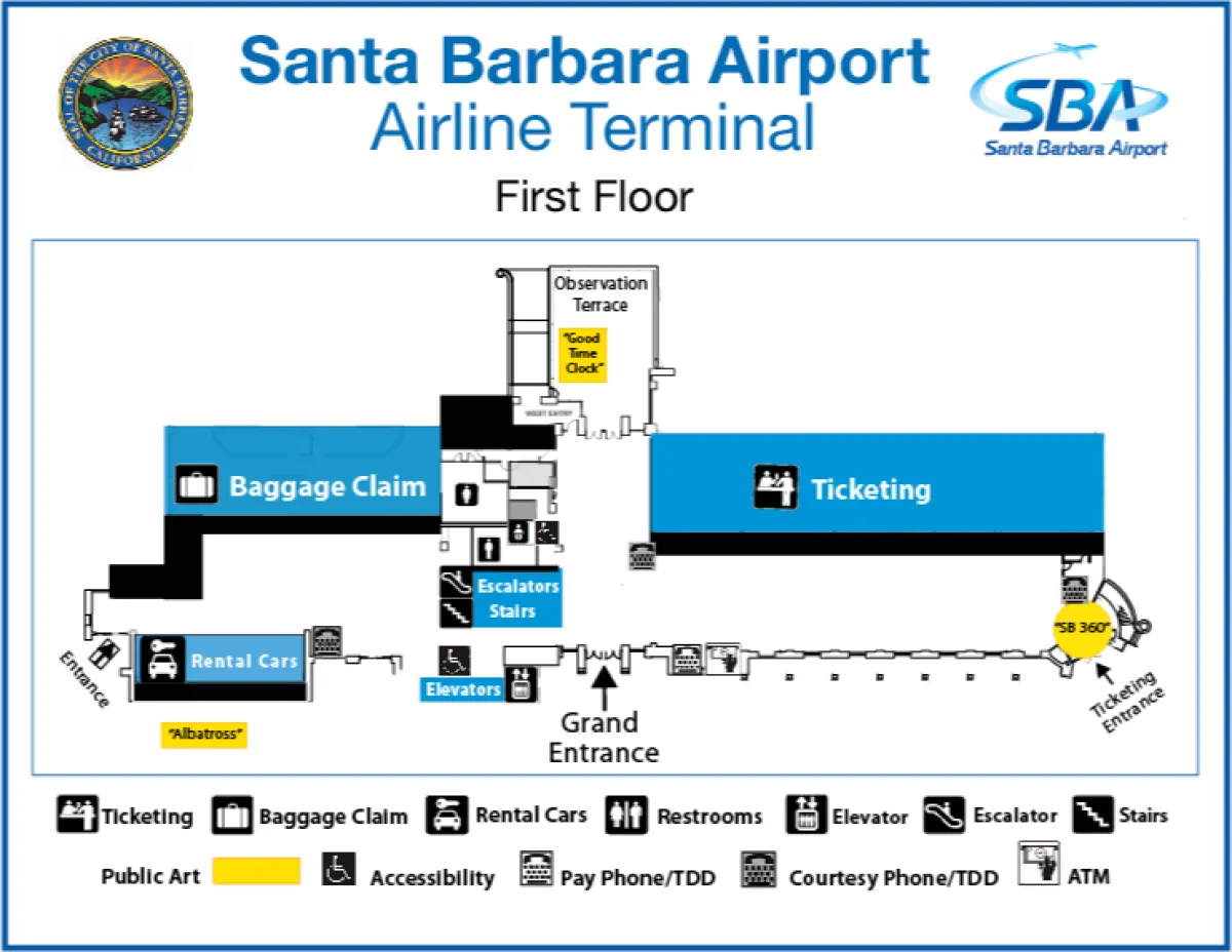 Map of the first floor of the Santa Barbara Airport Terminal
