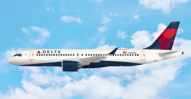 Image of the Delta A220-300 plane superimposed over a blue sky