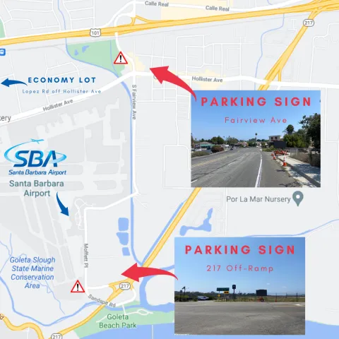 Map showing the Fairview and 217 off ramp parking for the Santa Barbara Airport