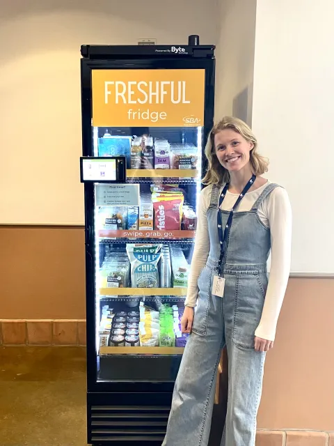 Freshful Fridge with owner Daphne Armstrong posed next to it
