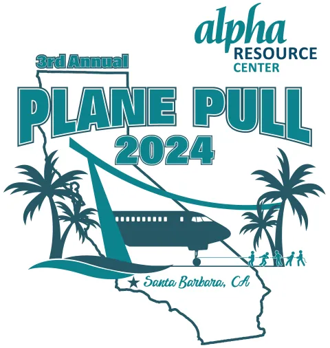 Plane Pull 2024 Logo - an illustration of a plane and palm trees overlay an outline of the state of California.